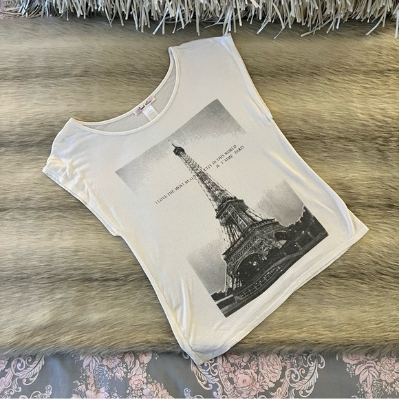 PURPLE SNOW White Eiffel Tower M PARIS Tunic Cap Sleeve Graphic Shirt Stretch - Picture 1 of 9